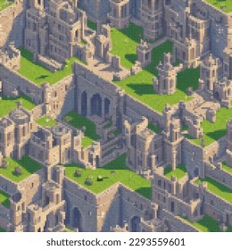 Medieval fortress. Seamless pattern. Vector pixelated illustration. Rectangular design.