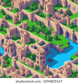 Medieval fortress. Seamless pattern. Vector pixelated illustration. Rectangular design.