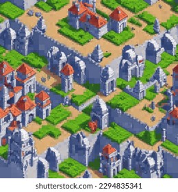 Medieval fortress. Seamless pattern. Vector pixelated illustration. Rectangular design.