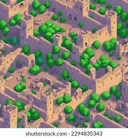 Medieval fortress. Seamless pattern. Vector pixelated illustration. Rectangular design.