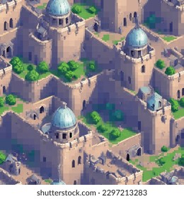 Medieval fortress. Seamless pattern. Vector pixelated illustration. Rectangular design.