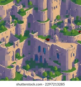 Medieval fortress. Seamless pattern. Vector pixelated illustration. Rectangular design.