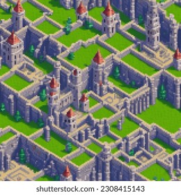Medieval fortress. Seamless pattern. Vector pixelated illustration. Rectangular design.