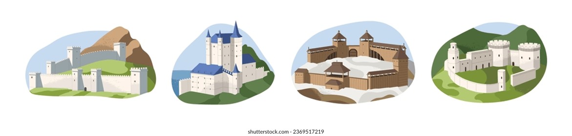 Medieval fortress set. Ancient castles on mountain, historical chateau, royal fort, kingdom building with towers, bastion. Old city architecture. Flat isolated vector illustration on white background svg