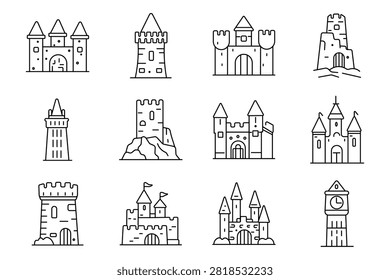 Medieval fortress set icon. Stone strongholds, defensive bastions, elevated watchtower, royal gateway, fortified residence, historic citadel, architectural landmark, ancient kingdom structures