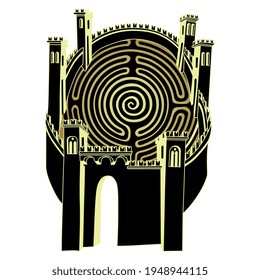 Medieval fortress with spiral maze inside. Creative labyrinth concept for hidden challenge. Monochrome black and gold silhouette.