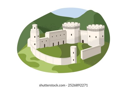 Medieval fortress with stone walls, towers. Ancient castle in green mountain landscape. Chateau, royal stronghold, fort. Old kingdom city with buildings. Flat isolated vector illustration on white