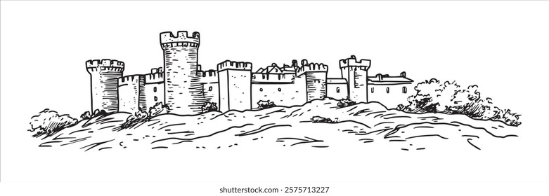 medieval fortress with towers on hill hand-drawn sketch doodle