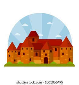 Medieval fortress with towers and walls. Trakai castle. Lithuanian tourist attraction. Old European city. Historical building of knight. Red house. Flat cartoon