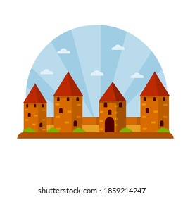 Medieval fortress with towers and walls. Trakai castle. Lithuanian tourist attraction.
