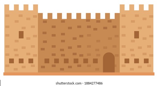 Medieval fortress with towers and walls vector illustration. Old town in greece and castle. Historical building of knight. Protective fortress made of stone and brick isolated on white background