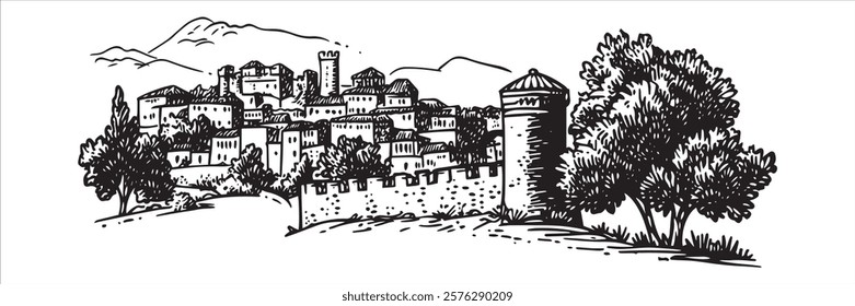 medieval fortress with village landscape hand-drawn black ink illustration