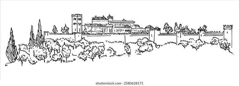 medieval fortress with walls and cypress trees, hand-drawn vector illustration