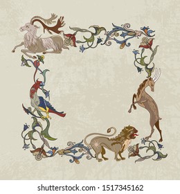 Medieval frame. Elegant baroque . Gothic style.  Mythical creatures of the Renaissance era 