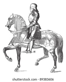 Medieval French knight on a horse in full armor, ready for war vintage engraving.  Industrial encyclopedia E.-O. Lami - 1875.