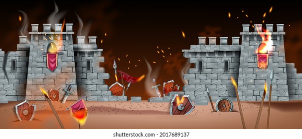 Medieval game battle background, vector battlefield war landscape, stone castle ruin wall, fire, smoke. Ancient brick tower, wooden shield, burning spear, broken sword. Ancient fight, battle banner