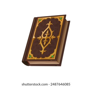 Medieval game book and ancient magic spellbook of Halloween witch or fairy tale wizard, game UI. Vector old parchment paper spell book with gold ornaments and gems on vintage brown leather cover