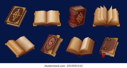 Medieval game book icons, ancient magic spellbook and fantasy manuscript. vector open and closed fantasy grimoires for fairytale wizard or witch with ornate leather covers, bookmarks and gemstones