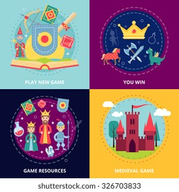 Design de jogo medieval conjunto de conceito com recursos ícones planos ilustração vetor isolado