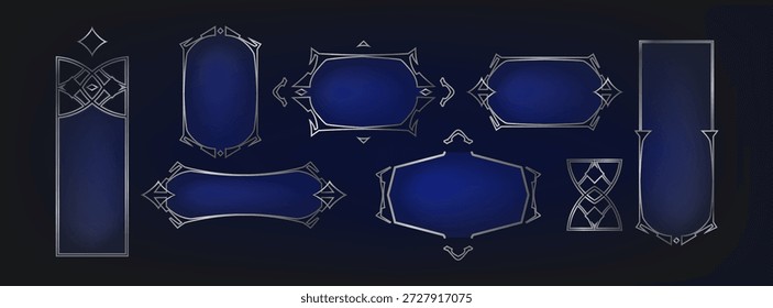 Medieval game frame with fantasy border and metal ornament design. Elegant UI banner for RPG interface with gothic deco elements, luxury title button and decorative vintage art for epic gaming.