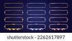 Medieval game frame, ui metal fantasy border, golden, silver or bronze button decorated with gemstones, vector icons isolated. Ancient rectangle banner, old vintage rank sign or empty item bar cartoon
