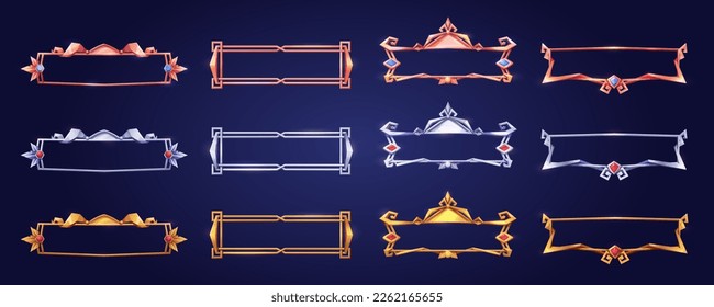 Medieval game frame, ui metal fantasy border, golden, silver or bronze button decorated with gemstones, vector icons isolated. Ancient rectangle banner, old vintage rank sign or empty item bar cartoon