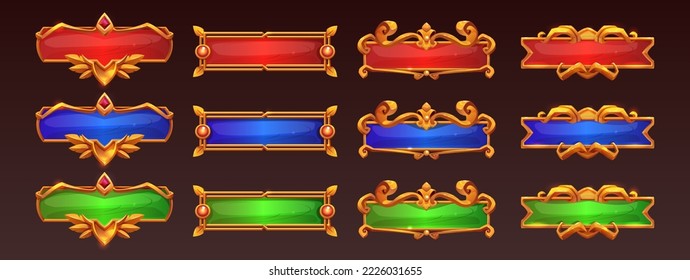 Medieval game frames or buttons, user interface menu elements. Oblong colorful ui banners with gold ornate rims and decor. Empty royal gui bars for rpg, fantasy web design borders, Cartoon vector set