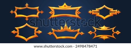 Medieval game frames set isolated on background. Vector cartoon illustration of golden rectangular borders decorated with shiny crown and luxury gemstones, level rank symbol, ui design elements