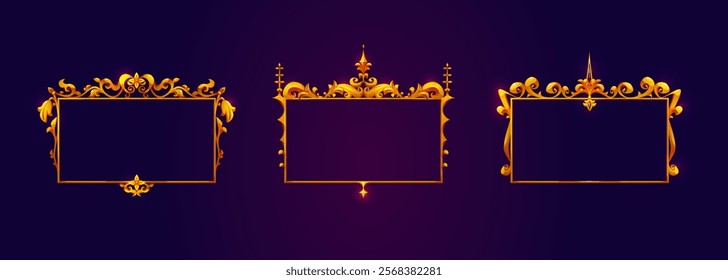 Medieval game frames set - ornate golden borders with decorative flourishes on dark background. Royal design elements with floral patterns and spiky finials. Fantasy RPG menu interface panels.