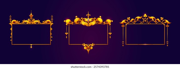 Medieval game frames set - ornate golden borders with decorative flourishes on dark background. Royal design elements with floral patterns and spiky finials. Fantasy RPG menu interface panels.