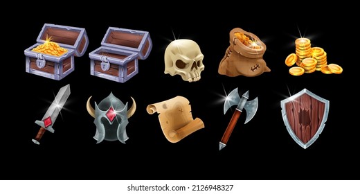 Medieval Game Interface Icon Set, Vector Magic Weapon Badge Kit, Gold Coin Pile, Helmet, Wooden Trunk. RPG UI Fantasy Objects, Iron Sword, Treasure Sack, Warrior Shield, Skull, Parchment. Game Icons