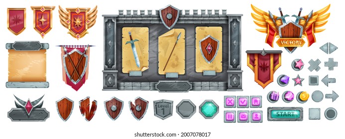 Medieval game interface vector menu button set, stone GUI icon design, cracked rock frame on white. Winner badges, wooden knight shields, victory sign, sword, spear. Game interface design elements