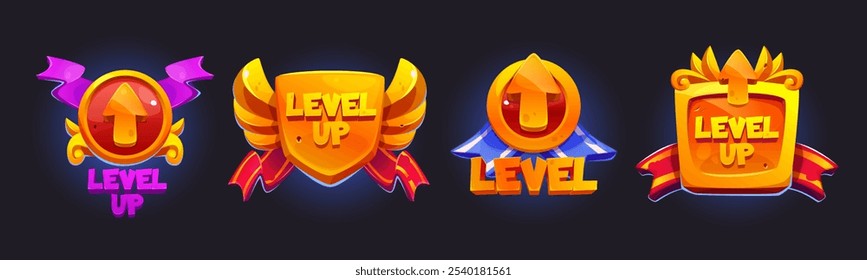 Medieval game level up achievement golden badges with upward arrows and ribbons. Cartoon decorated shields and medallions of different shapes - round emblem, winged crest, circular icon, square plaque