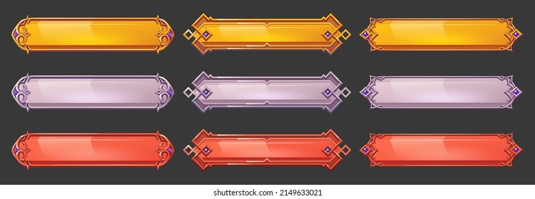Medieval game menu frames, ui elements, buttons, gold, silver and red banners with ornate rims. Empty royal gui bars for rpg or arcade, borders, web design interface Cartoon 2d vector illustration set svg