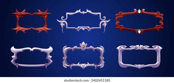 Medieval game rank frames set isolated on background. Vector cartoon illustration of vintage silver and wooden borders with shiny surface and gem stone decoration, royal title nameplate template