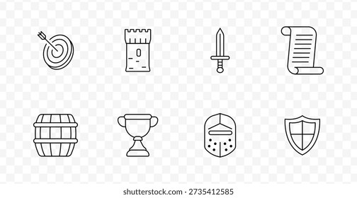 Medieval game set icon. Target, tower, sword, scroll, barrel, trophy, helmet, shield in old battle competition strategy line style.