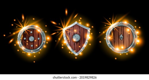 Medieval game shield icon set, fantasy wooden knight armor kit, magic RPG warrior inventory, fire sparks. Winner award badge, epic Viking defend element, glow on black. Ancient game shield clipart