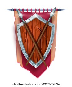 Ilustración vectorial del escudo de juego medieval, banner rojo real, símbolo de la lanza de hierro de la herálaga vintage del caballero. Arma guerrera de fantasía, bandera antigua familiar, emblema de logro de RPG. Elemento de diseño de interfaz de usuario de escudo de juegos