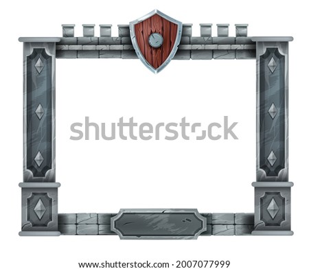 Medieval game stone frame, UI interface vector panel, ancient rock pillars, wooden knight shield. User RPG window interface, quest menu concept, square decoration display. Old castle game frame 
