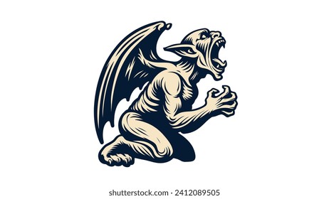 Medieval Gargoyle Drawing, Kneeling and Screaming Gargoyle Gothic Demon Fantasy Creature Vector Illustration	