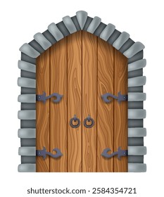 Medieval gate, closed. Castle medieval door. Cartoon ancient fortress wooden gate or tower arch door. Stone arch with metal hinges for entry. Vintage city entrance, vector illustration