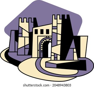 The medieval gate of the fortress. Tourism. Travel. Sights. Ancient architectural monuments. Vintage postcard