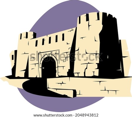 The medieval gate of the fortress. Tourism. Travel. Sights. Ancient architectural monuments. Vintage postcard