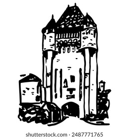 The medieval gate, Porte du Croux, Nevers, Nievre, France. Architectural monument. Hand drawn linear doodle rough sketch. Black and white silhouette.