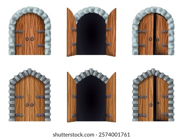 Medieval gate set. Castle medieval doors. Cartoon ancient fortress wooden gates or tower arch doors. Stone arch with metal hinges for entry. Vintage city entrance, vector cartoon illustration