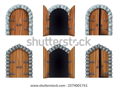 Medieval gate set. Castle medieval doors. Cartoon ancient fortress wooden gates or tower arch doors. Stone arch with metal hinges for entry. Vintage city entrance, vector cartoon illustration