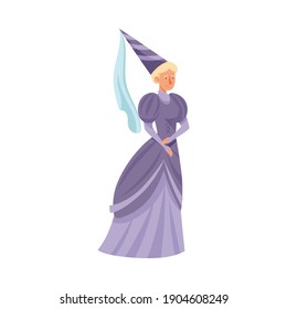 Medieval Gentlewoman or Maid with Pointed Hat in Standing Pose Vector Illustration