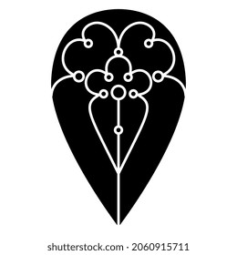 Medieval geometrical pear shaped design. Black and white negative silhouette.