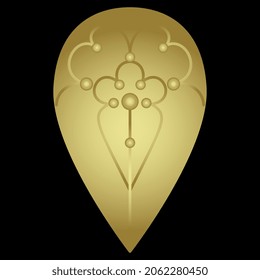 Medieval geometrical pear shaped design. Golden glossy silhouette on black background.
