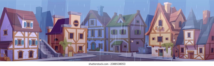 Calle medieval de la ciudad alemana con casas bajo la lluvia. Paisaje vectorial de caricatura con casas tradicionales del casco antiguo con fachwerk de madera bajo caídas de gotas lluviosas. Edificios de entramado de madera con charcos en la carretera.